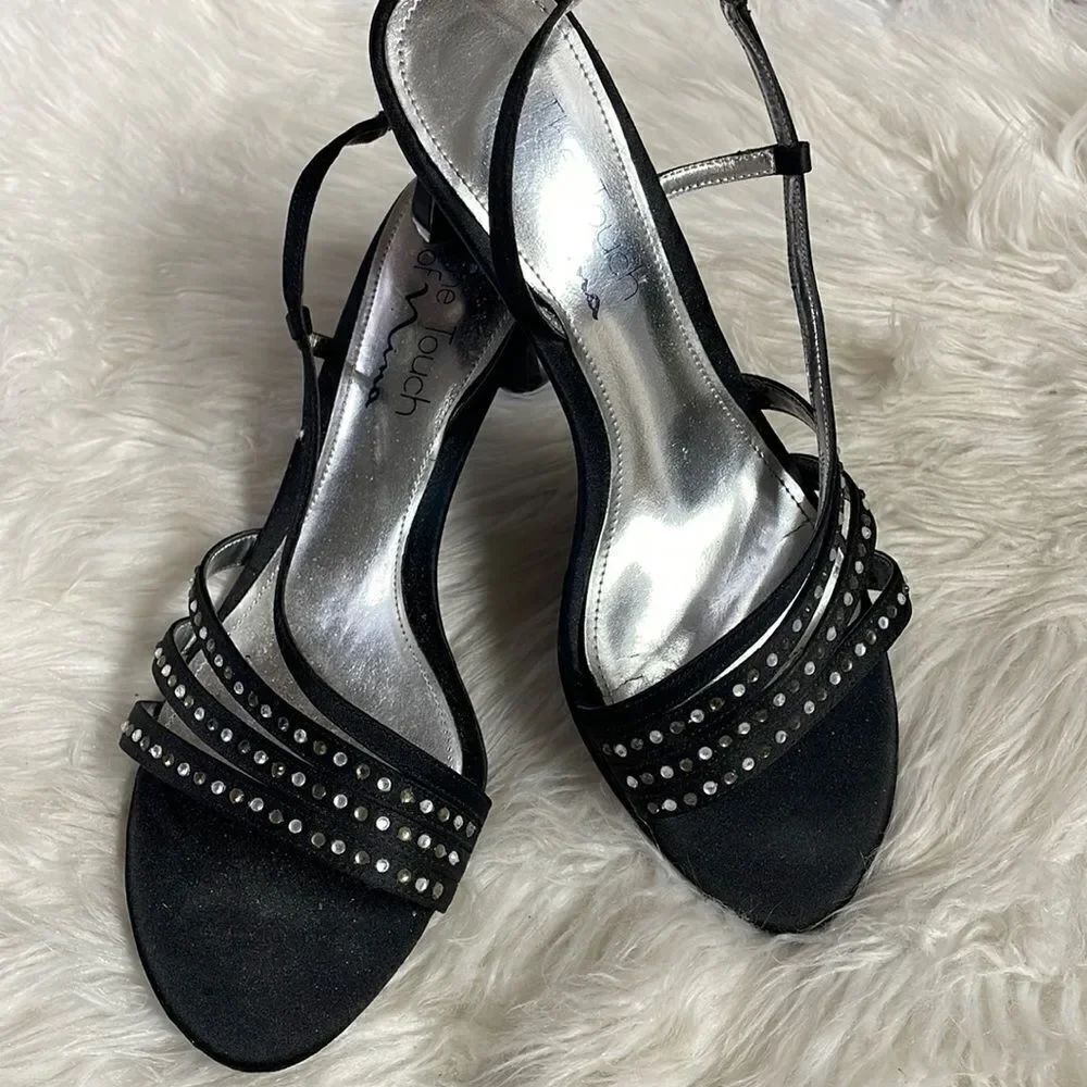 Nina The Touch, Ladies Rhinestone Open Toe Strappy Heels, Size 6M, Black